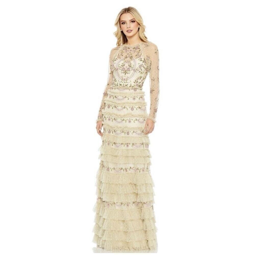 Mac Duggal 8030 NWT Polka Dot Long Sleeve Floral Ruffle Tiered Maxi Dress Size 8